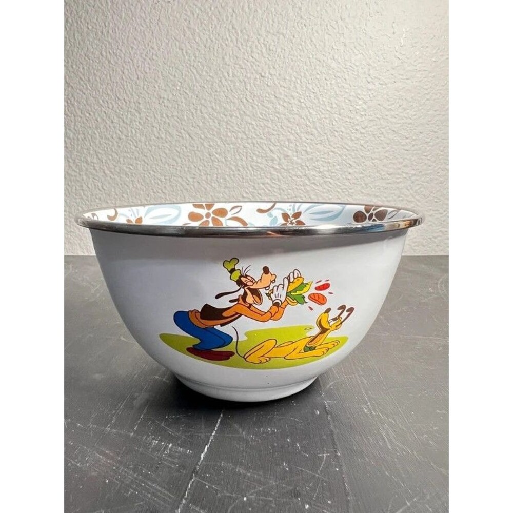 Disney Store Goofy & Pluto Enamelware Bowl 6” Floral Metal Rim Vintage